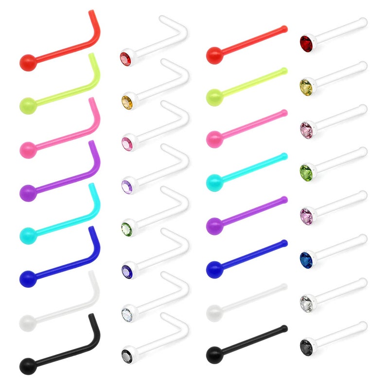 VCMART 32pcs 20G Clear Bioflex Nose Bone Ring Stud L Shaped Nose Retainer Body Jewelry Piercing Top Flat Ball CZ 2mm - Image 1